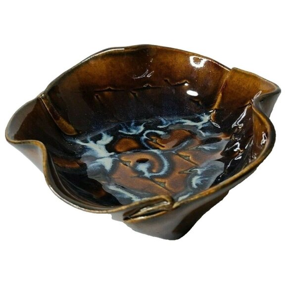 Vintage 80s Hilborn Pottery Brown Blue Drip Glazed Ceramic Handmade Ruffle Bowl - Picture 1 of 7